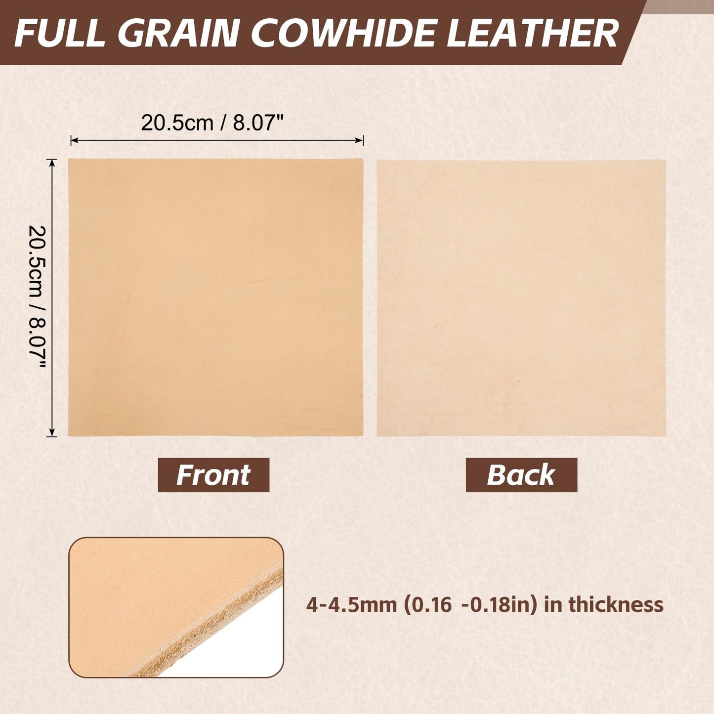 Rebower Genuine Leather Sheets, 8" x 8" Flat Full Grain Cowhide Leather for Crafts, 4-4.5mm Thick Vegetable Tanned Cowhide for DIY Belt Tooling Wallet Stamping Projects, Khaki