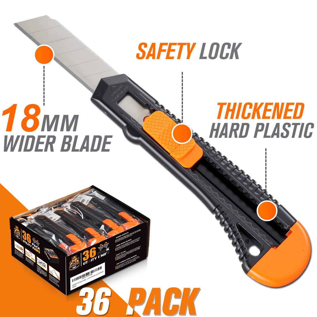REXBETI 36 Pack Utility Knife, Retractable Box Cutter for Cartons, Cardboard and Boxes, 18mm Wider Razor Sharp Blade, Smooth Mechanism, Perfect for Office and Home use (36 Pack)