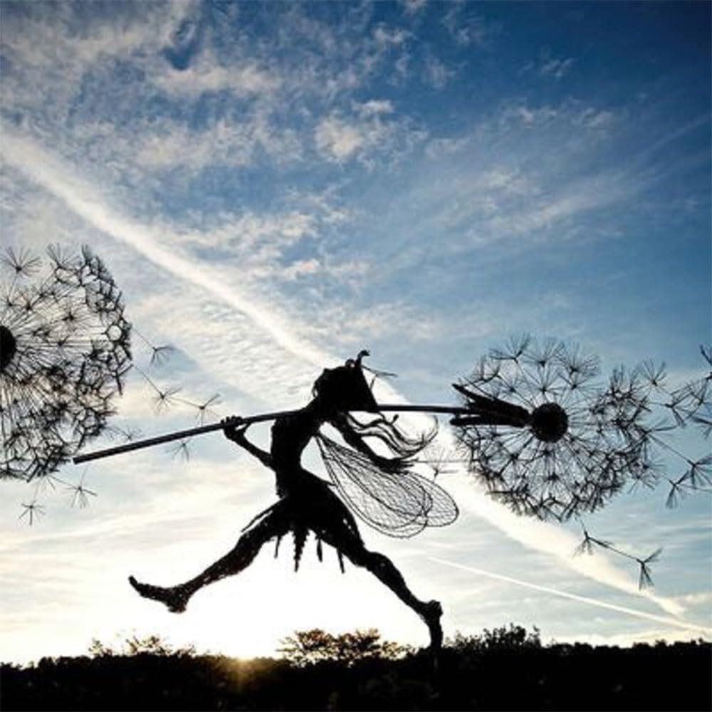 Fcteap Flower Fairy Dancing with Dandelion Garden Art Sculpture Stainless Steel Statue Christmas Halloween Decoration for Outdoor Yard Courtyard Lawn Patio Metal Ornaments (Long Travel)