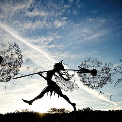 Fcteap Flower Fairy Dancing with Dandelion Garden Art Sculpture Stainless Steel Statue Christmas Halloween Decoration for Outdoor Yard Courtyard Lawn Patio Metal Ornaments (Long Travel)