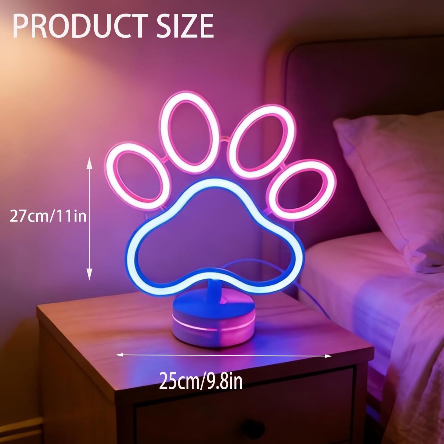 Dog Paw Neon Sign Lamp Dimmable LED with Standable Base and Touchable Switch,USB or 3-AA Battery Powered Neon Signs LED Desktop Wall Decoration for Party, Bedroom ，Birthday Christmas Gift