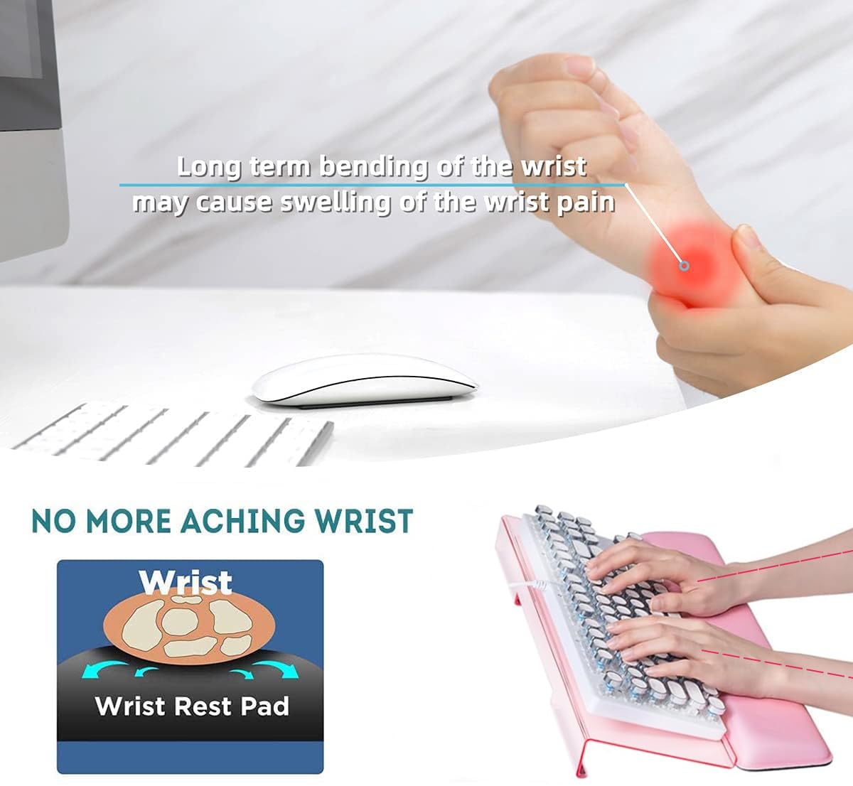 Computer Keyboard Wrist Rest Stand Set for Desktop, Keyboard Holder Easy Typing with Wrist Pad for Office, Home, School - Pink