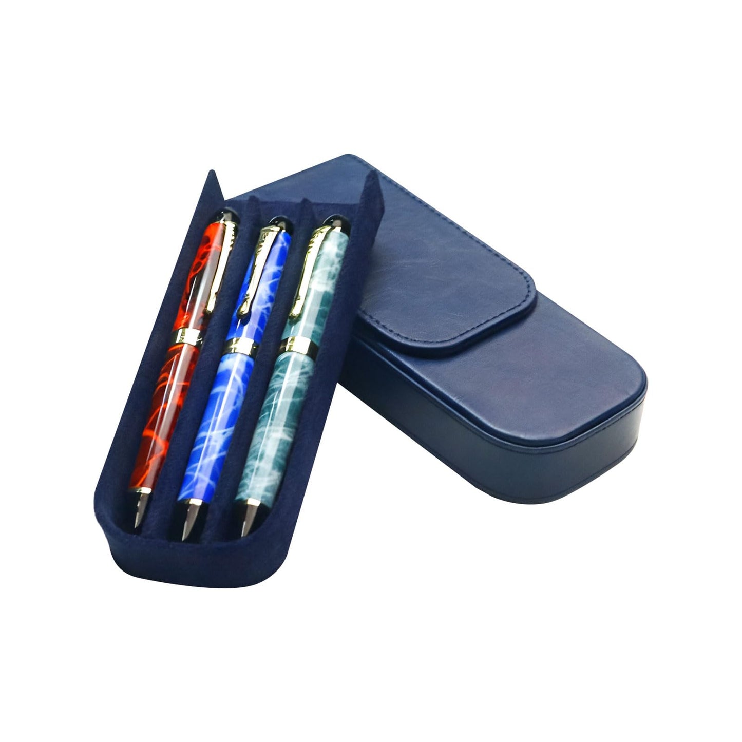 MIVLXLX Leather Triple Pen Case Pencil Pouch Holder for Three Fountain Ballpoint Rollerball Pens and Pencils Gift Choice for Man/Woman/Office (blue)