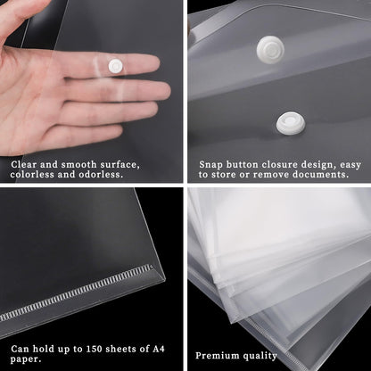 EOOUT 50pcs Plastic Envelopes with Button Snap Closure, Clear Poly Folders for Documents, Waterproof Plastic File Folder, Letter Size, A4 Size, for School and Office Supplies