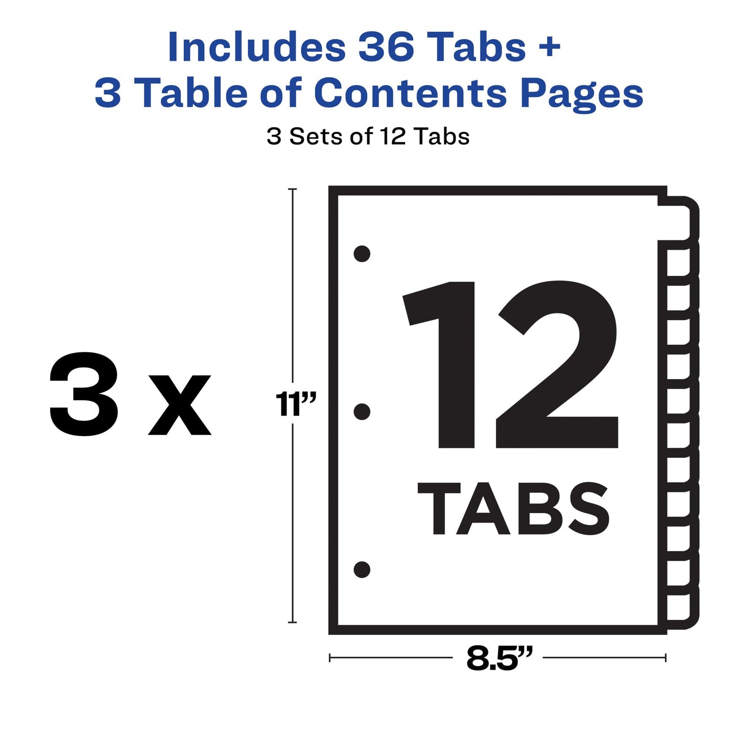 Avery Dividers for 3 Ring Binders, 12 Tabs per Set, Customizable Table of Contents, Classic White Tabs, Great for Organizing Reports, Projects, and More (3 Sets of 11078)