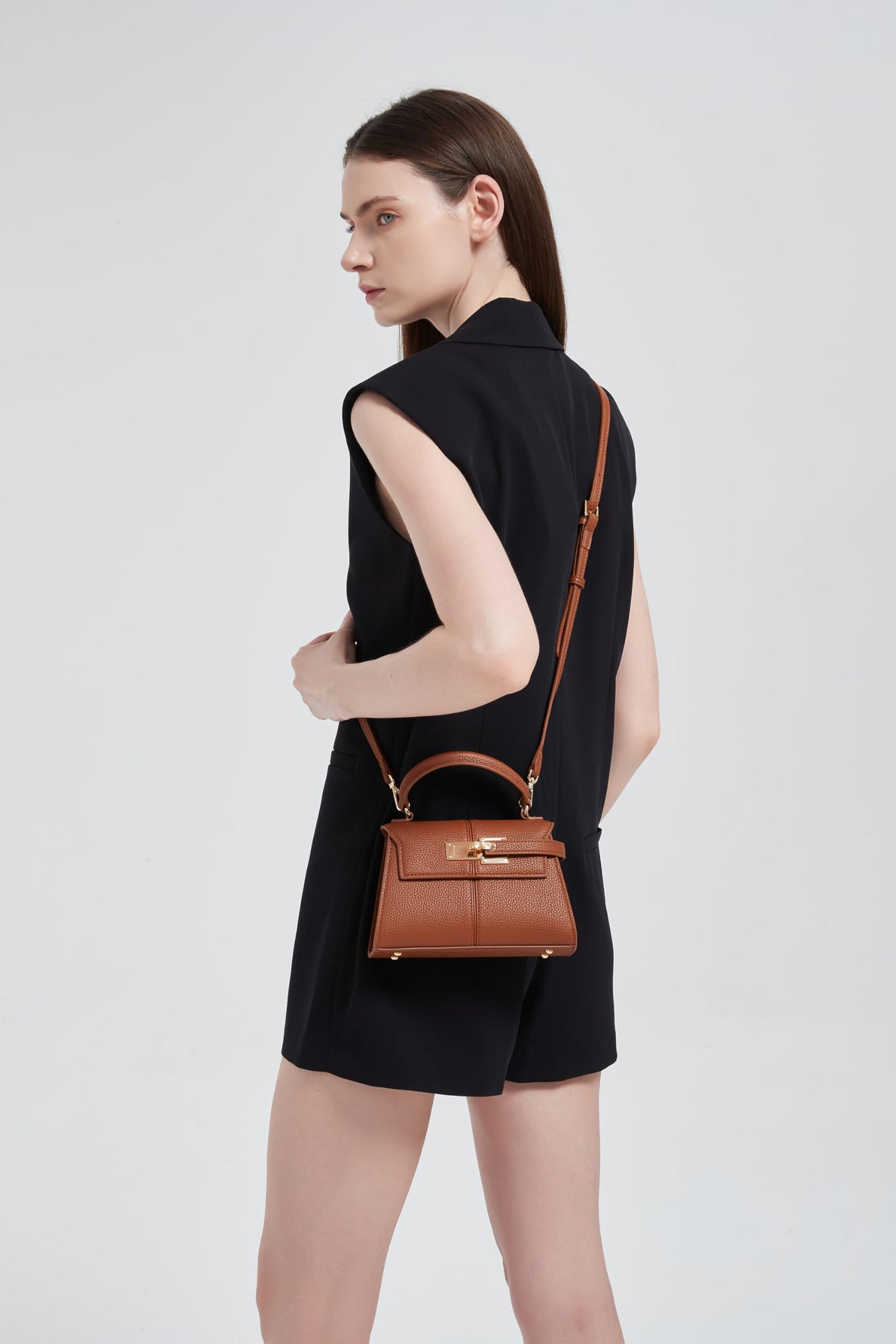 Women's Top Handle Handbag Vegan Leather Crossbody Bag,BROWN,SMALL