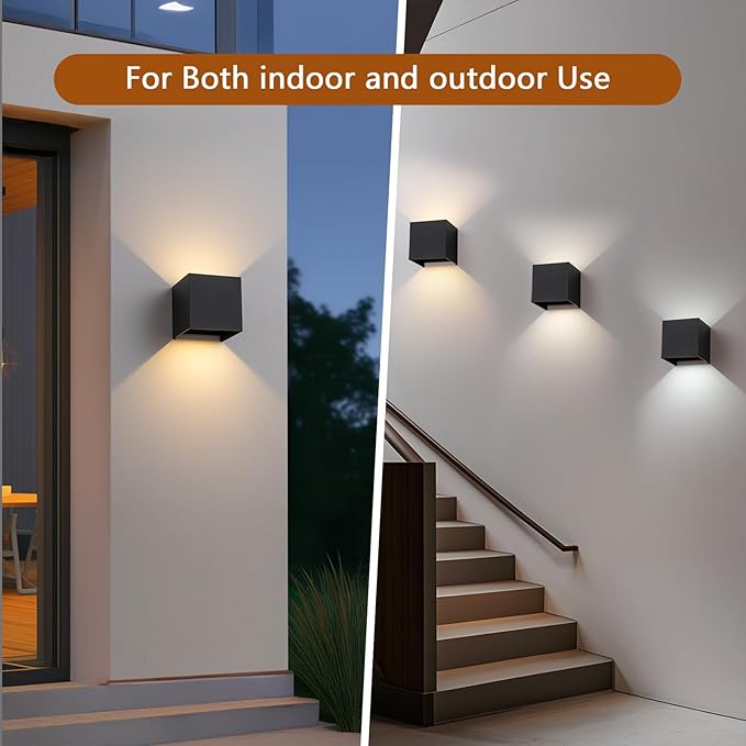 4 Pack LED Outdoor Wall Sconces Exterior/Interior,Modern Black Square Aluminum Wall Light Fixture Set,Variable Beam IP65 Waterproof Lights.15W 3-Color-Changeable Up and Down Outdoor Lighting Fixtures.