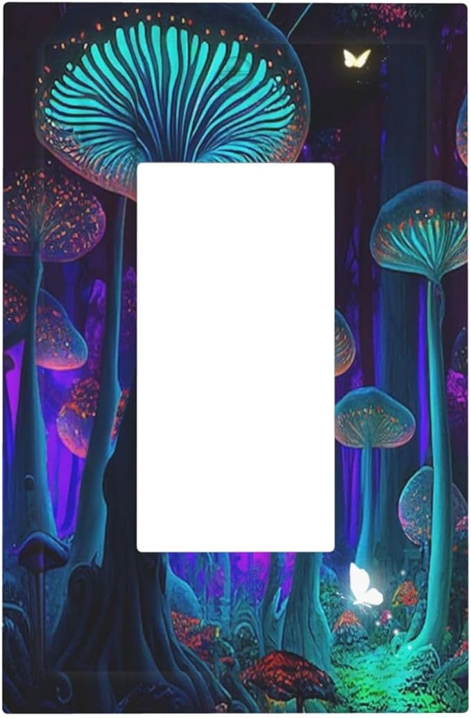 Fantasy Mushroom Forest Glowing Butterfly Single Rocker/Decora Light Switch Plate Decorative 1 Gang Outlet Cover Faceplate GFCI Electrical Receptacle Wallplate Dimmer for Bathroom Home Decor