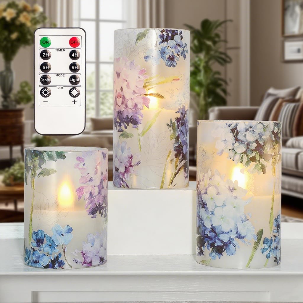 GORGE MOMENT Blue Violet Hydrangea Flameless Candles LED Flicker with Remote DIM Love Theme Summer Spring Decorative Glass Decor Wedding Date Proposal Dinner Table Home Gift for Lover