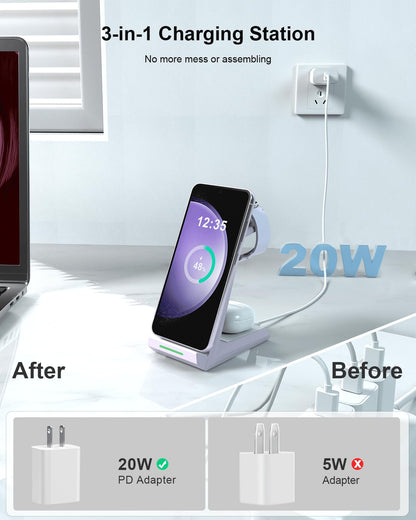 Wireless Charger for Samsung - NANAMI 3 in 1 Charging Station for Multiple Devices, Fast Charger Stand for Galaxy S25 S24 S23 Ultra S22 S21 Z Flip Fold 4,Galaxy Watch 6/5/5 Pro/4/3, Galaxy Buds 2 Pro