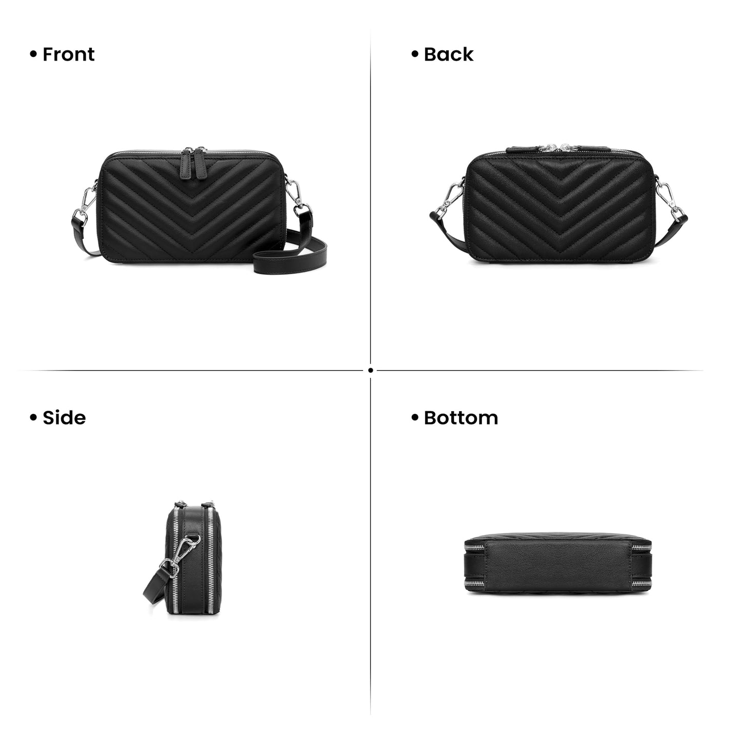 befen Quilted Genuine Leather Crossbody Bags for Women, Purses with Built in RFID Wallet, Woman Camera Shoulder Bag Handbags, Black Crossbody Purses with Adjustable Strap