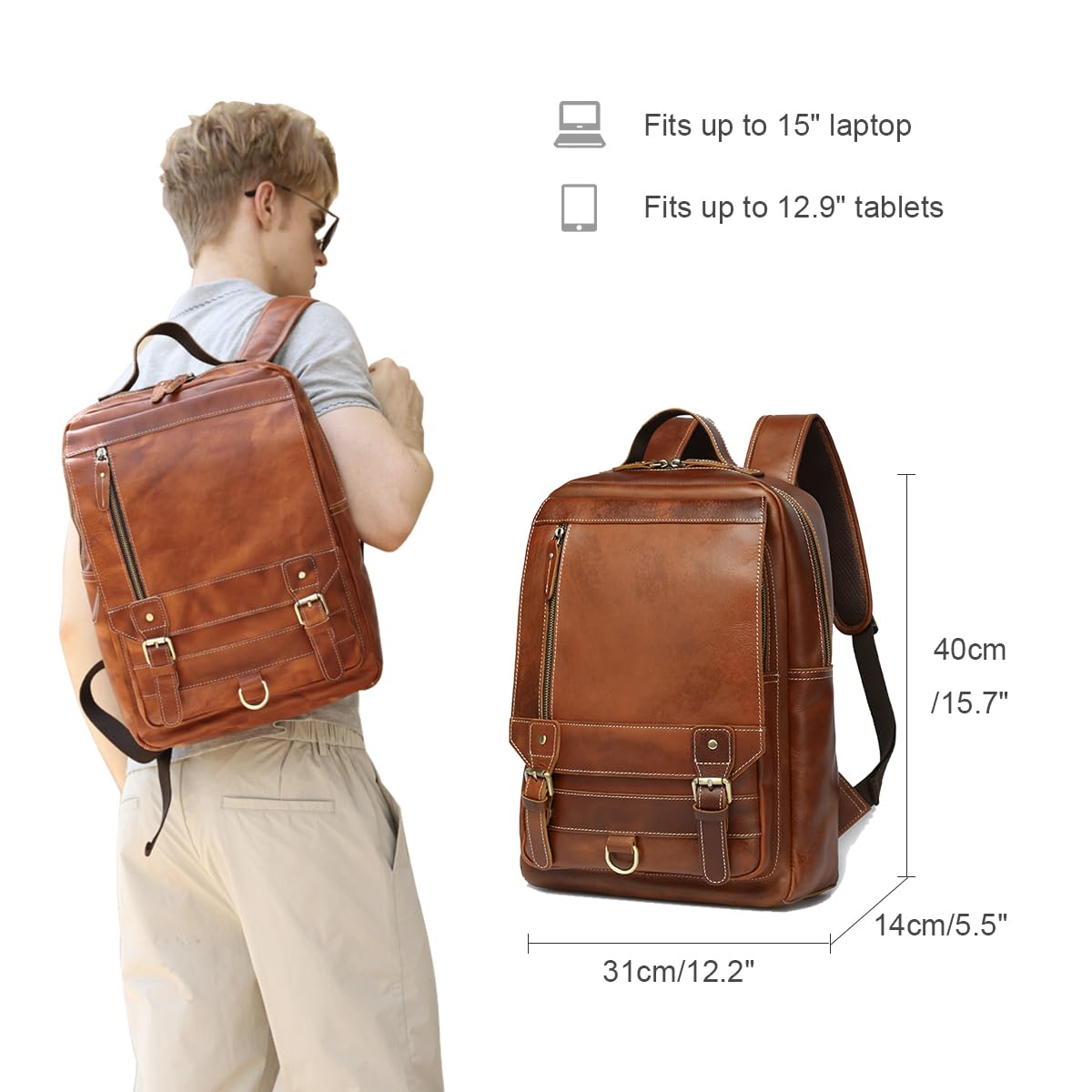 LANNSYNE Vintage Genuine Leather Backpack For Men Fits up to 15" Laptop Travel Hiking Rucksack