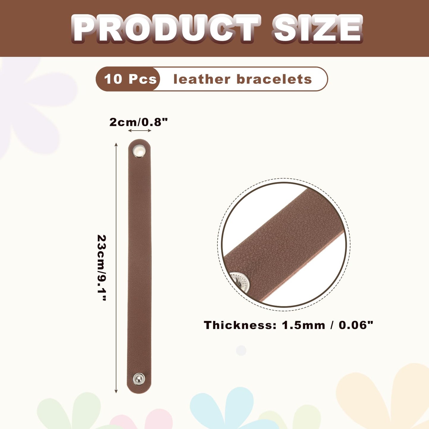 MECCANIXITY 10 Pcs Plain Leather Bracelets Leather Snap Bracelets Adjustable Blank Wrist Cuffs DIY Craft Wristbands Single Snap for Men Women Jewelry Making (Brown, 9.1"x0.8")