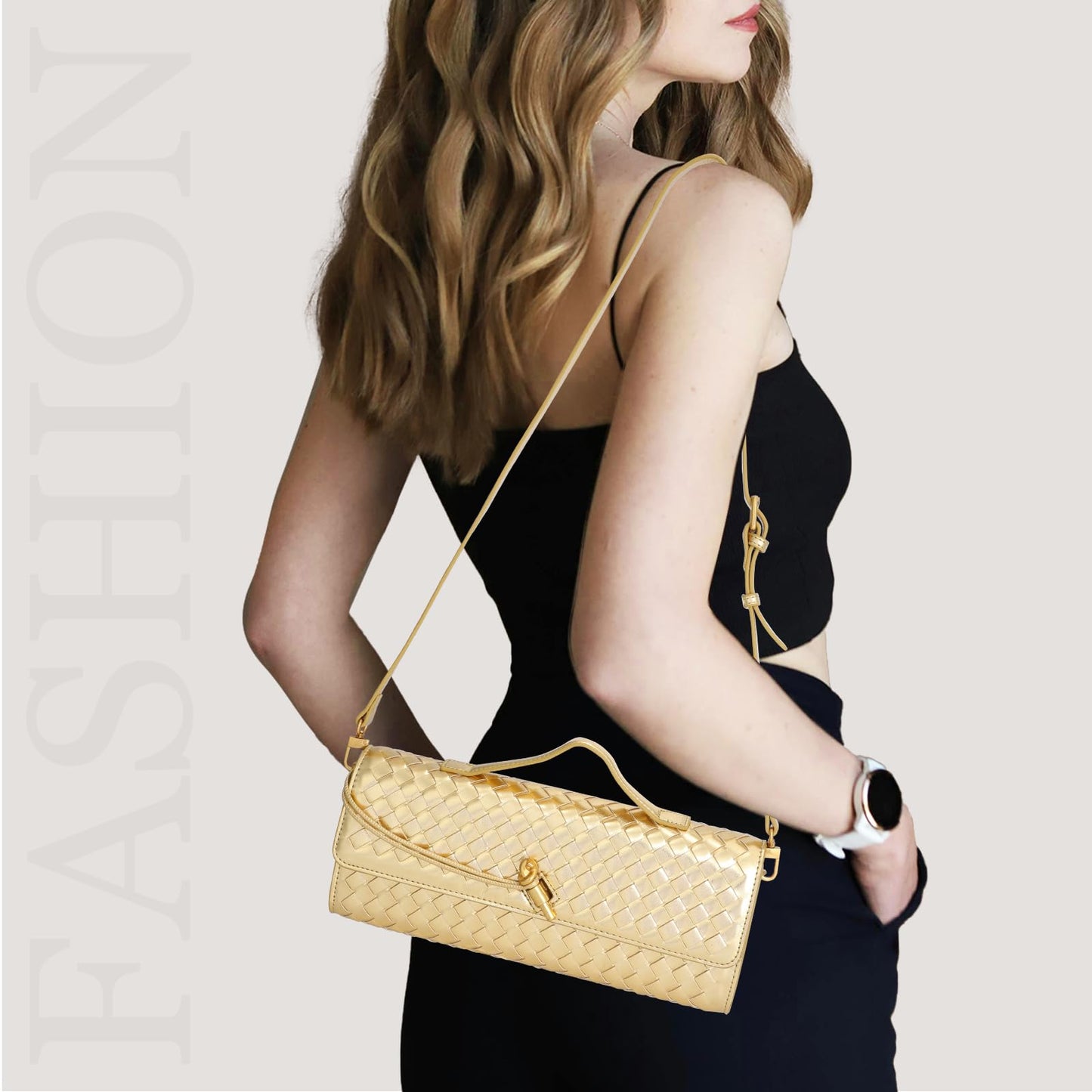 EGCUQ PU Leather Woven Gold Purse,Wedding Clutch,Woven Gold Clutch Purses For Women 11.8" x 1.7" x 4.9"