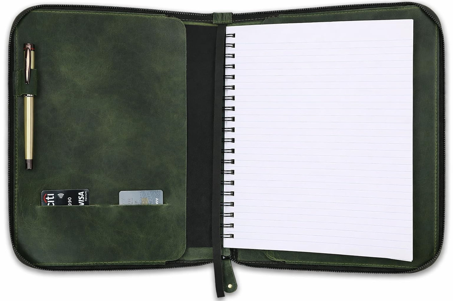 CestAntiQ, Heavy Duty Full Grain Leather Journal Cover (8.5 x 11 in.), Refillable Cahier XXL, Refillable Spiral Notebook (8.5 x 11 in.), Handmade Zippered Leather Journal Cover (Green)
