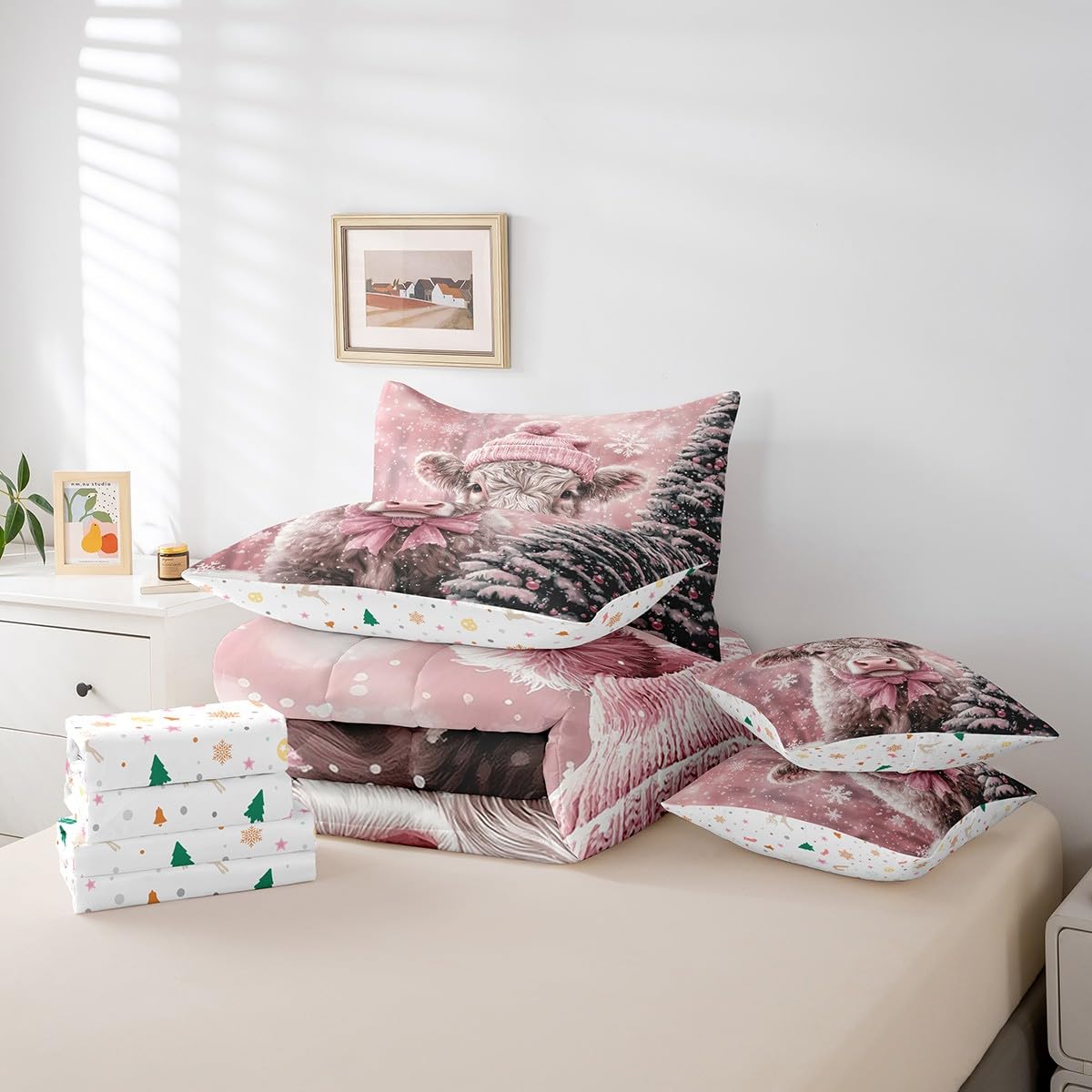 Manfei Xmas Highland Cow 7 Pieces Comforter Set Full,Cute Animal Christmas Tree Bedding Set for Bedroom Decor,Pink Hat Bownot（Comforter+Fitted+Flat Sheet+2 Pillowcases+2 Throw Pillow Covers）