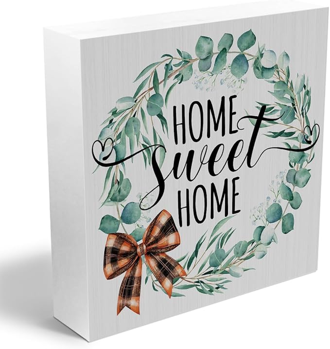 Home Sweet Home Wooden Box Sign, House Warming Gifts New Home, New Home Gift Ideas, Rustic Farmhouse Home Apartment Living Room Bedroom Desk Table Decor, Spring Wreath Wood Block Plaque