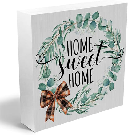 Home Sweet Home Wooden Box Sign, House Warming Gifts New Home, New Home Gift Ideas, Rustic Farmhouse Home Apartment Living Room Bedroom Desk Table Decor, Spring Wreath Wood Block Plaque
