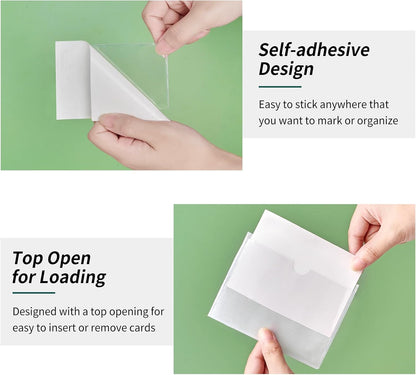 52 Pack Clear Adhesive 3.5" x 2" Index Card Pockets With Top Open, Plastic Card Sleeves Index Card Holder for Organizing Storage Bins, Library Cards, Notes, Drawer
