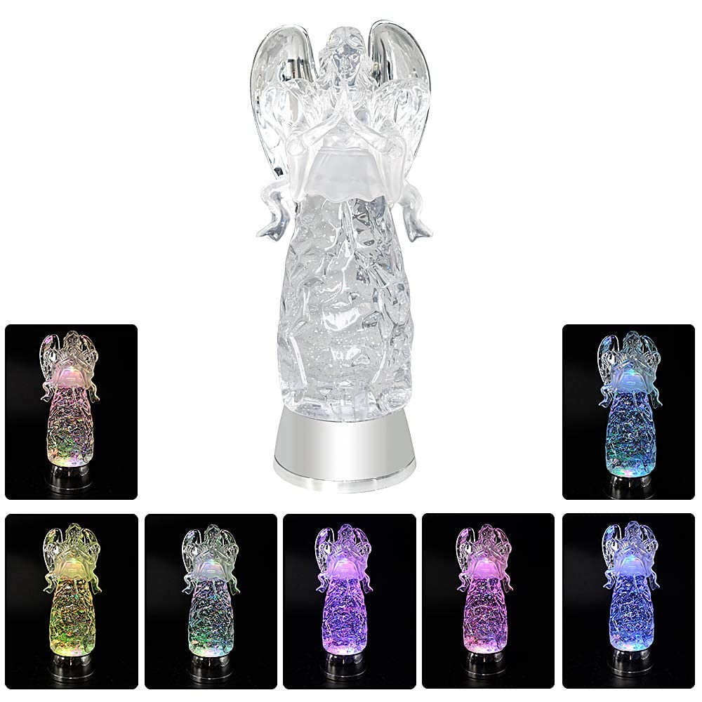 DRomance 11" Angel Snow Globe Lantern Battery Operated with 6 Hour Timer Color Changing LED Light Praying Angel Swirling Glitter Water Lamp Thanksgiving Christmas Holiday Decor Gift