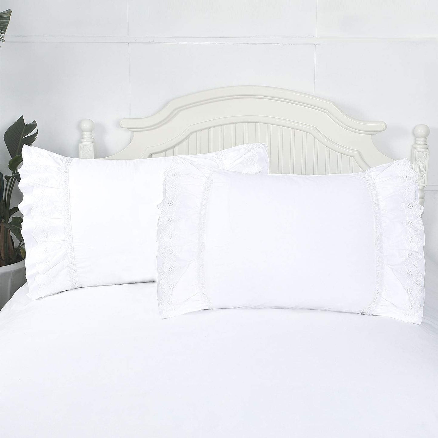 Eyelet Pillow Shams Lace Ruffled Standard White Shabby Chic Farmhouse Pillowcases Set of 2 Pretty Elegant Cotton Country French Cottage Embroidered Floral Victorian Crochet Trim 20x26