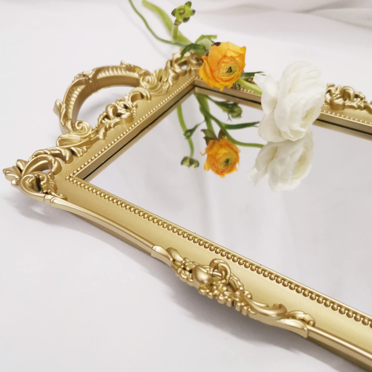 Yamfurga Small Rectangle Decorative Mirror Tray, French Style, Makeup Organizer, Jewelry Organizer, Serving Tray, 13"x 7.8", Gold