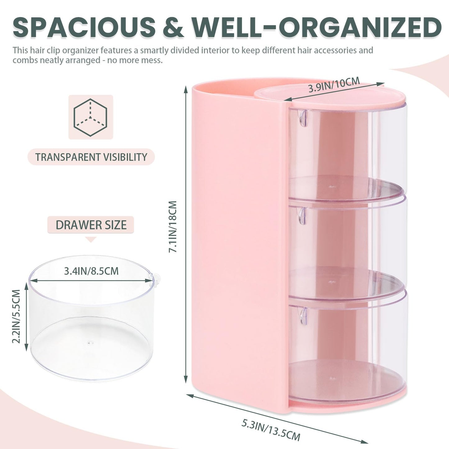 Sekonow 2 Pack Hair Accessories Organizer with Hair Brush Holder, 3-Tier Clear Rotatable Drawer Makeup Sponge Holder, Bathroom Qtip Cotton Swab/Pad/Ball Dispenser Jewelry Box (Pink)