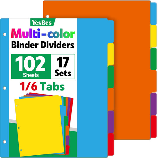 102 Pcs Colored Binder Dividers with Tabs, 1/6 Cut Tabs, Dividers for 3 Ring Binder, Blank Write On Binder Dividers in 6 Tab Sets, Letter Size, 102 Dividers, 17 Sets, Multicolor