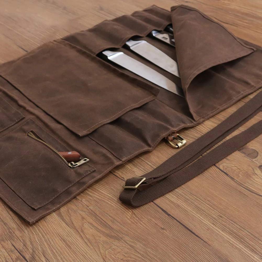 Large Chef’s Knife Roll Bag,Heavy Duty Waxed Canvas Knife Carrier,11 Pockets Kitchen Cooking Tools Storage Case, Easily Carried By Shoulder Strap ForProfessional Chefs,Culinary School Students