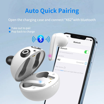 Kids Earbuds, Wireless Bluetooth Girls Boys Headphones with Microphones, 85dB Healthy Volume Control Protect Hearing, Lightweight, Waterproof, 30Hrs Playtime,Earphones for iPad Tablet Computers, Panda