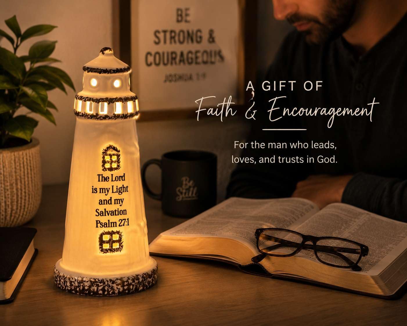 DAILYBREAD Christian Lighthouse Lamp for Men – Psalm 27:1 Scripture LED Lighthouse, Man of God Gift, Christian Gift for Husband, Father, Pastor, Faith-Based Desk Decor 8”H