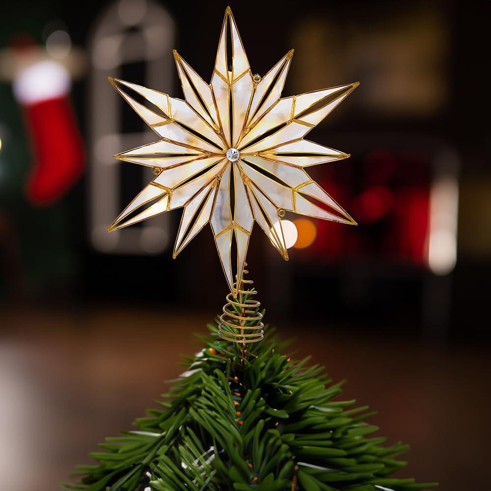 Kurt Adler 10-Light 12-Point Capiz Star and Center Gem Treetop