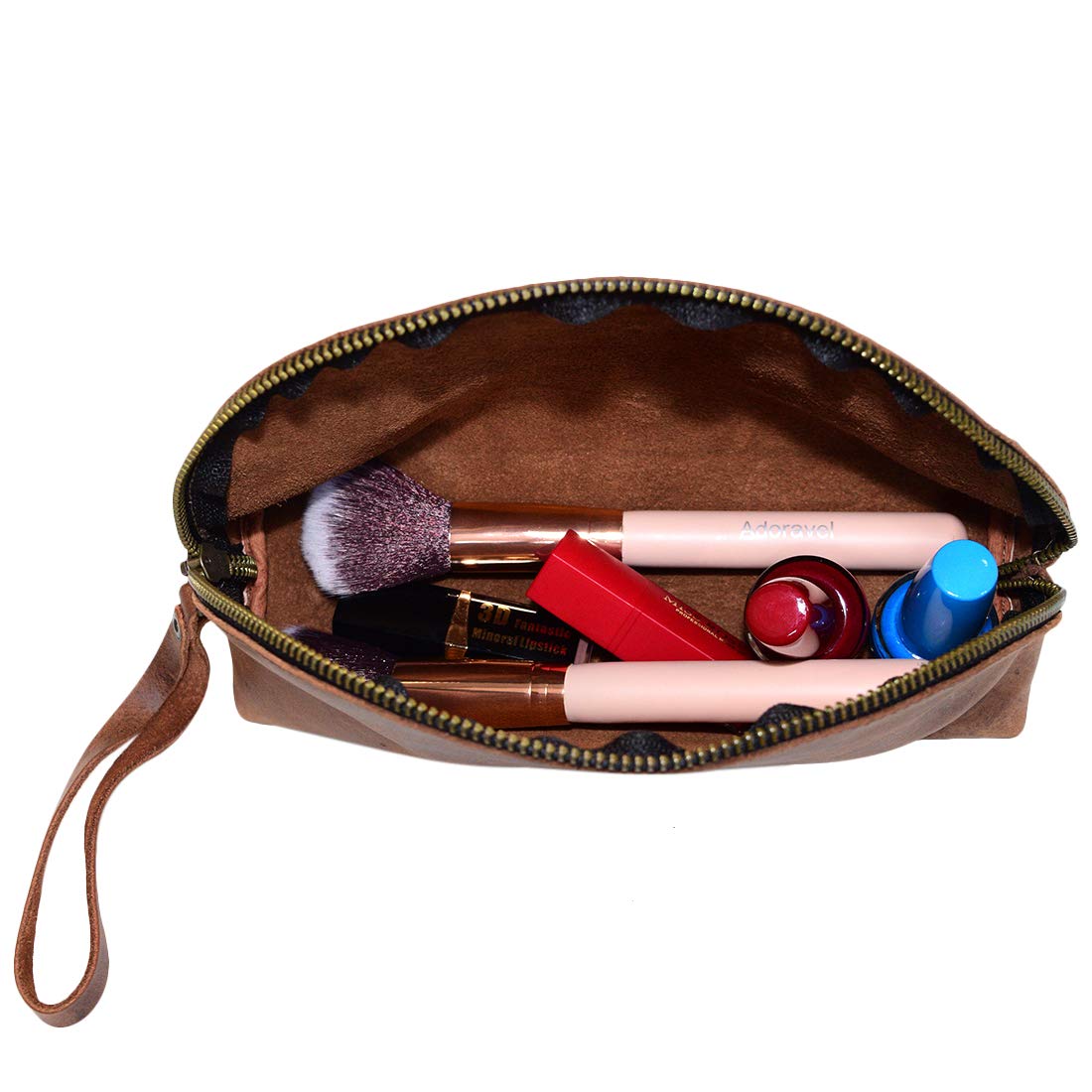 Hide & Drink, Cosmetic Travel Organizer with Hand Strap for Women, Makeup Bag, Classic Handbag, Full Grain Leather, Handmade, Bourbon Brown
