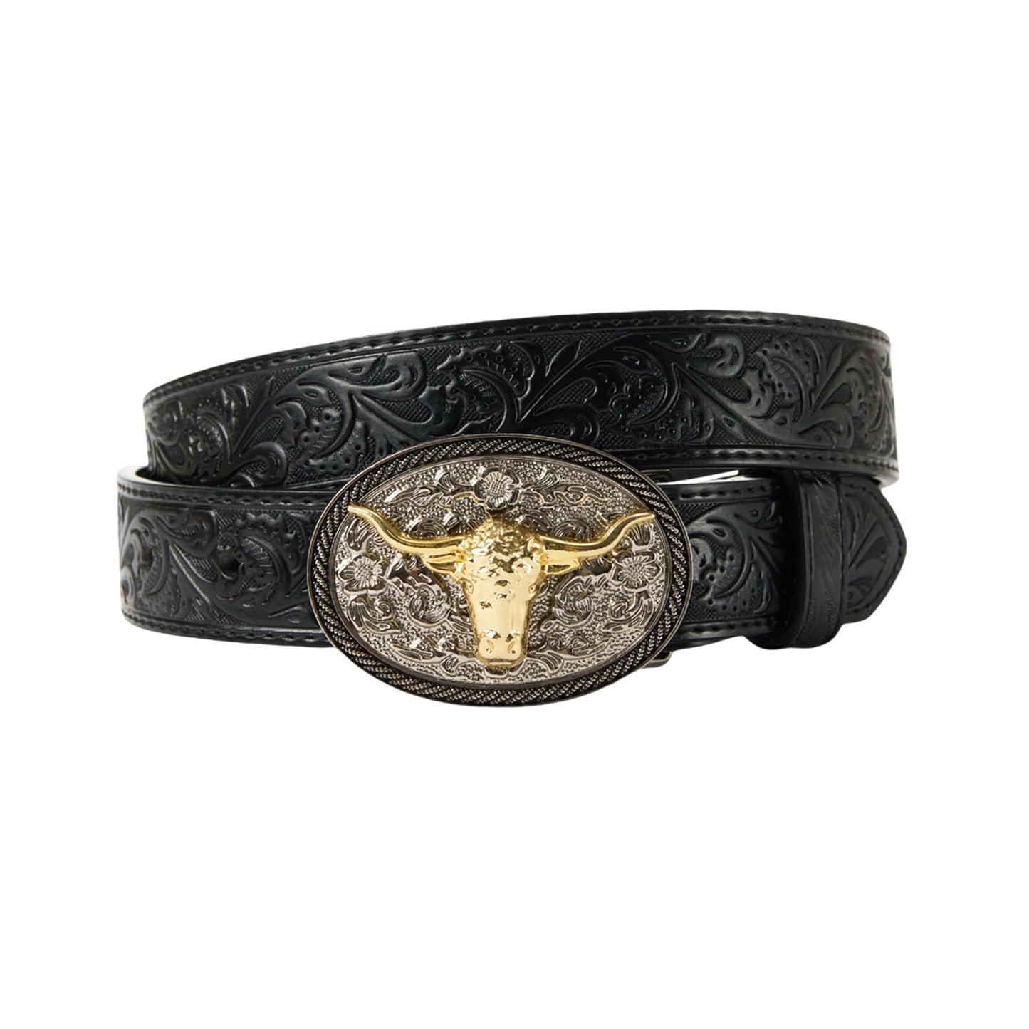 FORTMAC Western Belt–Adjustable Embossed Leather Belt with Longhorn Bull Buckle Black 85cm/33.5"