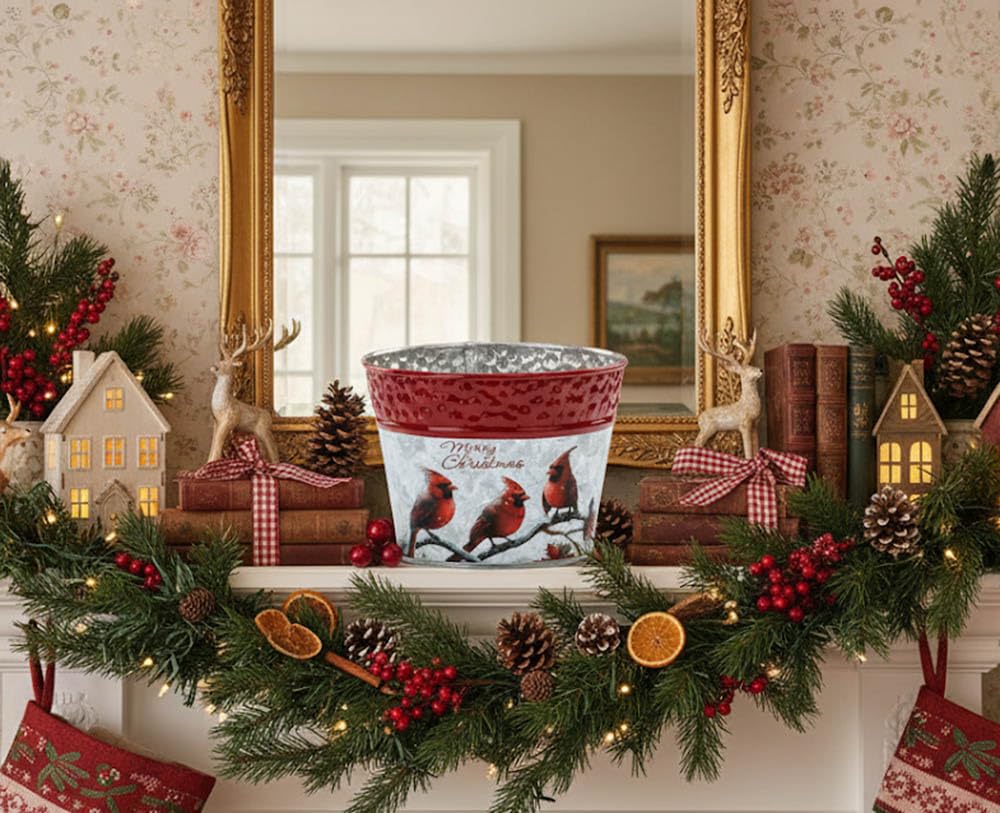 Napco 5 inch Rustic Metal Merry Christmas Cardinals Pot Cover with Indented Red Rim Festive Christmas & Holiday Decor