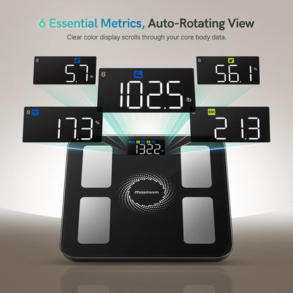 Smart Scale for Body Weight and Fat, Large Display with 6 Auto-Rotating Metrics, Bathroom Scale with 20 Body Measurements, Fitness App & Apple Watch Sync, Compatible with iOS & Android
