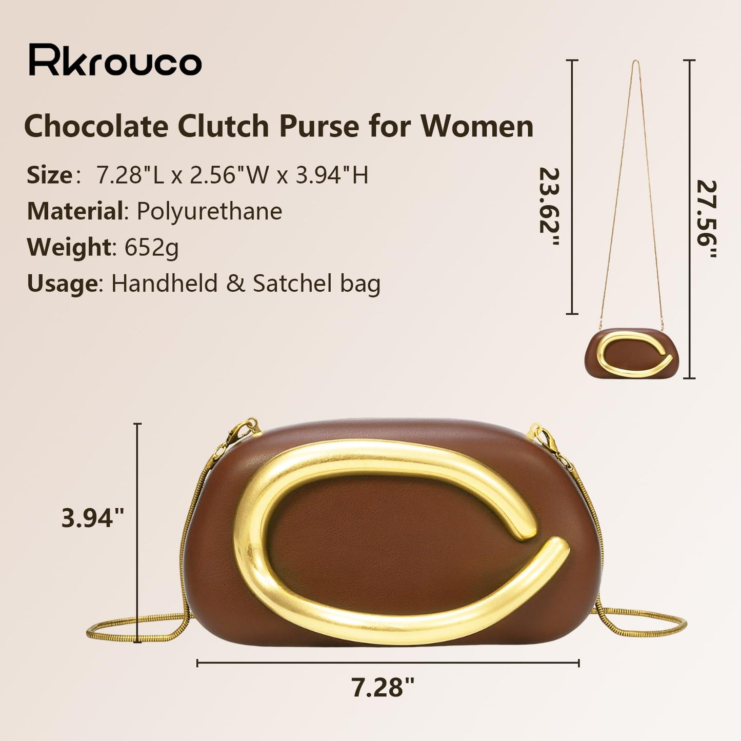 PU Leather Women's Evening Handbags Chocolates Clutch Purse Easy Match with Chain Crossbody Metal Decoration Shoulder Bag (Coffee)