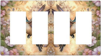 Decorative Art Light Switch Covers Blossom & Hummingbird 4 Gang Rocker Decora Outlet Covers Electrical Faceplate GFCI Wall Plate for Home Decor