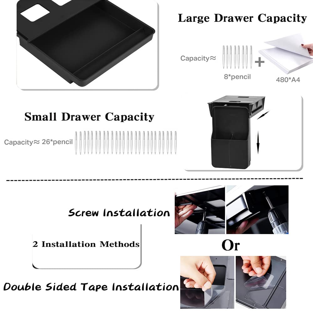 Under Desk Drawer Storage Organizer - 2 Pack (Large and Small) Black - (Please Note - Drawer Size/No Lip Under Desktop) - 2 Installation Methods (Screw or Adhesive)