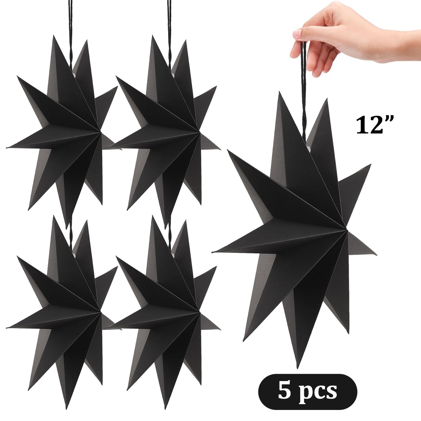 SUNBEAUTY 5 Pcs 9-Pointed Black Paper Star Lanterns 12 Inch Hanging Lamp Black Paper Funeral Decorations Christmas Birthday Home Holiday Party Decorations