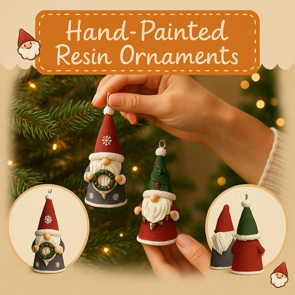 2-Pack Christmas Gnomes Hanging Ornaments, Hand-Painted Resin Decorations with Elastic Hanging Cord Lightweight Scandinavian Xmas Ornaments for Christmas Tree, Mantel & Gifts (Gnomes)