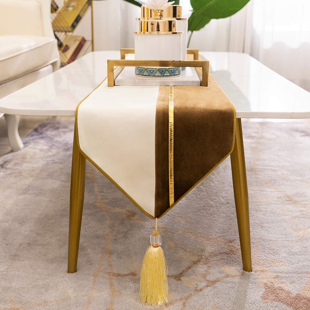 Avigers Modern Luxury Table Runner with Tassels, Chestnut & White Geometric Table Runner for Dining Room, Coffee Table & Entryway Decor, Elegant Decorative Table Scarf 12 x 108 Inch