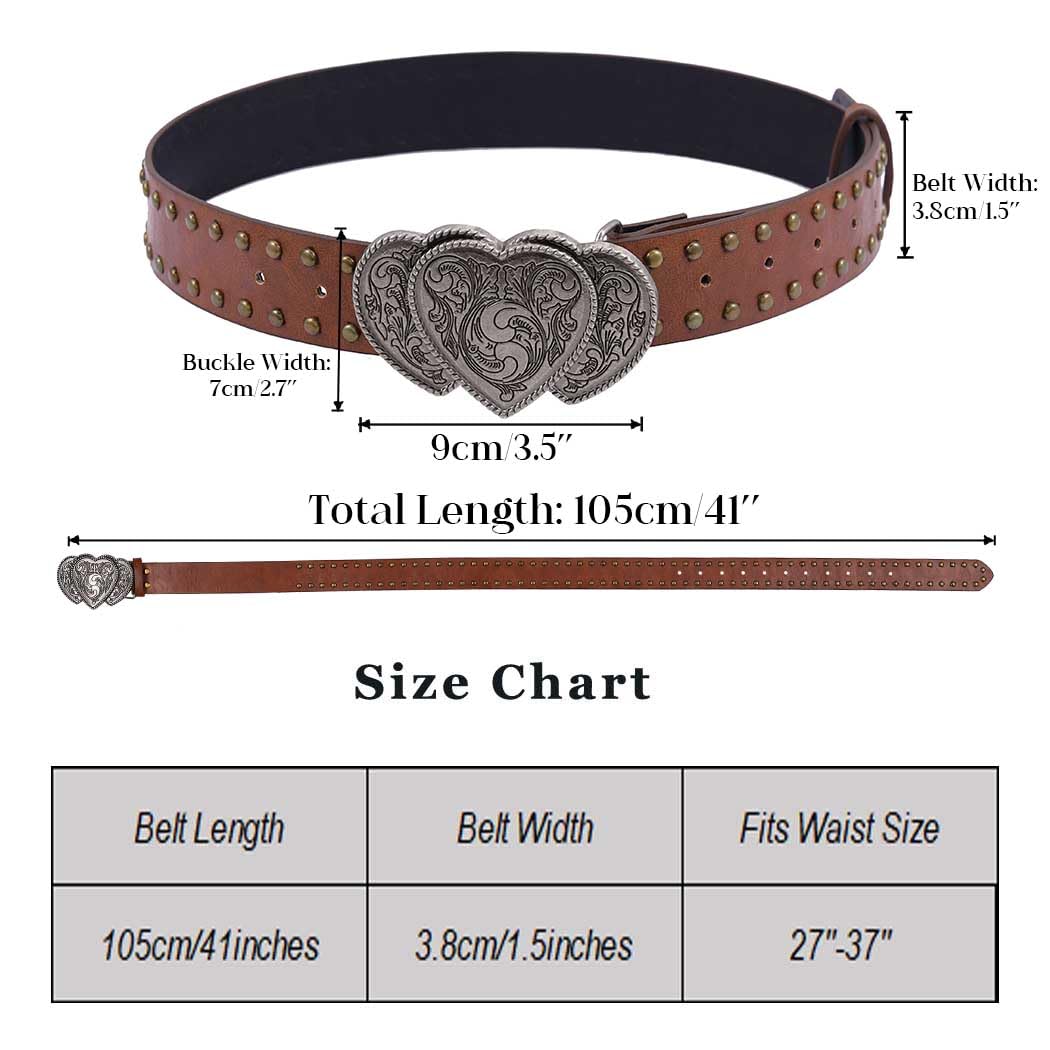 Tgirls Western Leather Belts for Women Men Heart Buckle Vintage Belt for Jeans Dress Cowgirl Cowboy Waist Belts (Brown)