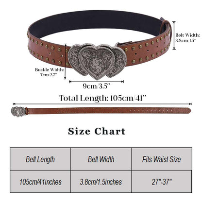 Tgirls Western Leather Belts for Women Men Heart Buckle Vintage Belt for Jeans Dress Cowgirl Cowboy Waist Belts (Brown)