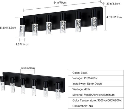 6-Light LED Vanity Light Fixture in Black - Modern Bathroom Lighting, Over Mirror Illumination | Multicolor Temperature 3000K/4000K/6000K | Stylish Bathroom Decor & Energy-Saving 30W Vanity Lighting…