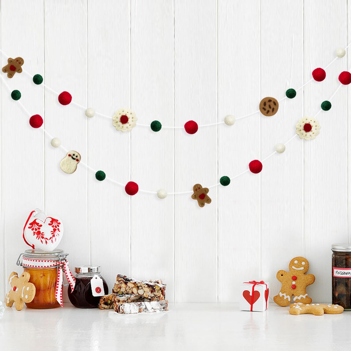 Wool Felt Christmas Decorations Clearance Garland Red Green White Wool Felt Balls Pom Pom Garland Gingerbread Man Snowman Banner Bunting for Xmas Home Fireplace Windows Indoor Outdoor Christmas Decor