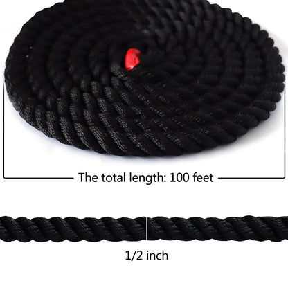 Black Twisted Polyester Arborist Rope (1/2 inch x 100 feet), Strong Tree Climbing Rope Bull Rope for Swing, Sailing, Camping, Pulling, Tree Work