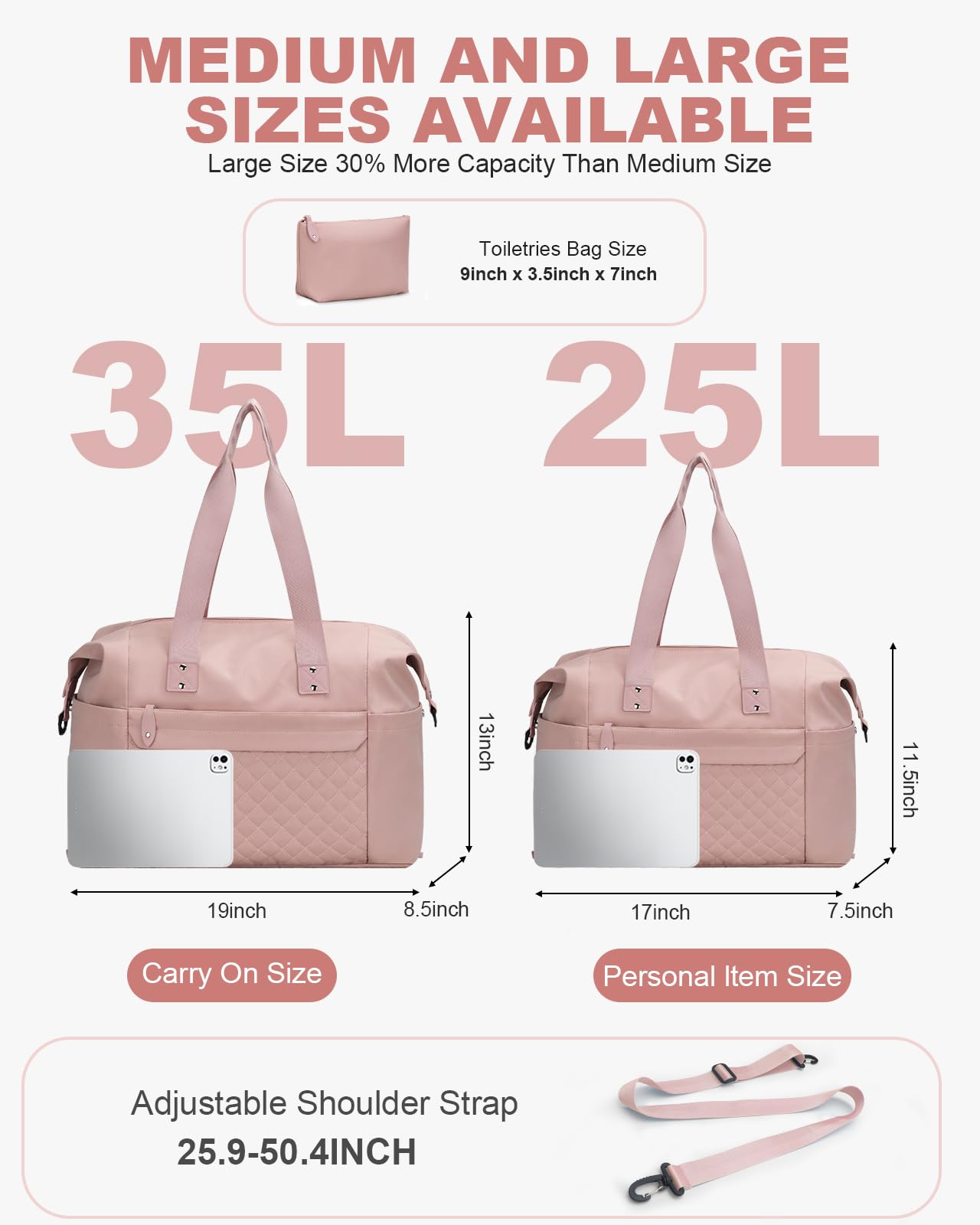 Pritent Travel Duffle Bag, Waterproof Weekender Overnight Hospital Bags for Women Men with Toiletry Bag Lightweight Personal Item Duffle Gym Bag for Travel, Airplanes, Sports(Pink, Medium)