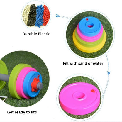 Kids Workout Dumbbell Weights Set - Toddler Toy Gym Equipment for Pretend Play Lifting, Exercise & Fitness - Adjustable Fill with Sand or Water (2 Pack)
