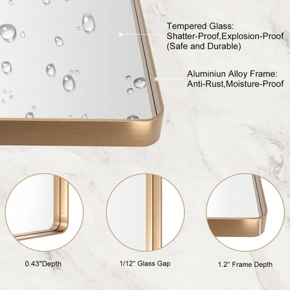 LOAAO 22”X30” Gold Bathroom Mirror, Rounded Rectangle Gold Frame Mirror, Brushed Gold Bathroom Vanity Mirror Wall-Mounted, Anti-Rust, Hangs Horizontally or Vertically